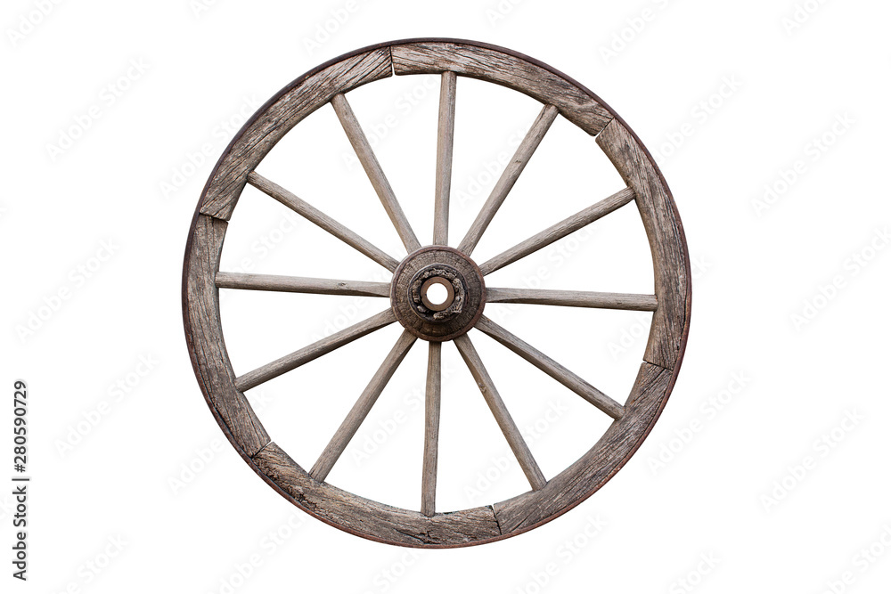 Carriage Wooden Wheel. Cartwheel All Weathered and Rusty Isolated On White Background Carriage Wooden Wheel. Cartwheel All Weathered and Rusty Isolated On White Background