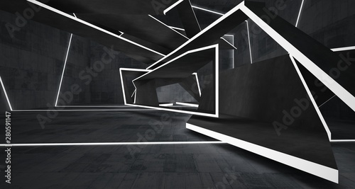 Abstract concrete interior with neon lighting. 3D illustration and rendering.