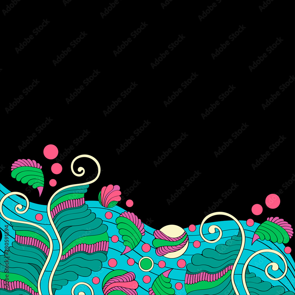 Zentangle style invitation card. Doodle flowers and leaves frame design for card on black background. Vector decorative color border element