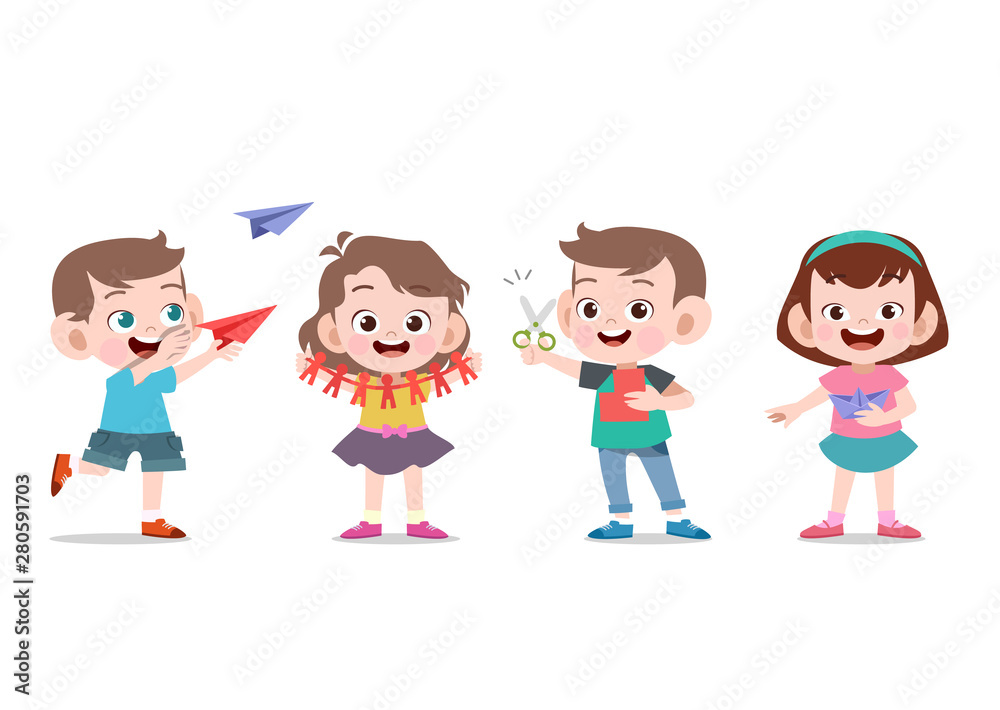 Illustration of Kids Making Paper Illustration of Kids Making Paper