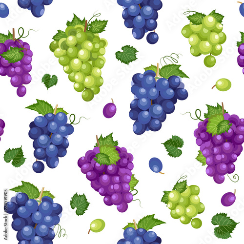 Grape bunch seamless pattern on white background with leaves, Fresh organic food, Dark blue grapes, purple and white grapes pattern background, Colorful fruit vector illustration.