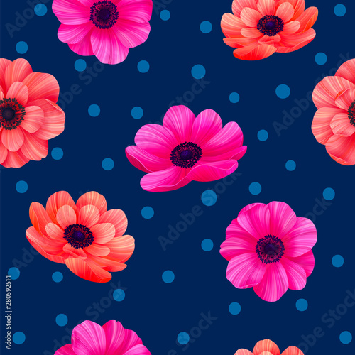 Luminous tropical seamless pattern with 3d style flowers and polka dots on na...