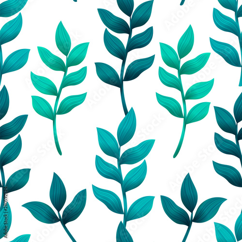 Seamless pattern with turquoise and green tropical leaves. Fashion, interior, wrapping, packaging and wallpapers suitable. 3d style trendy leaves. illustration.
