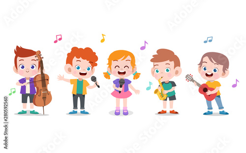 Cartoon little kids playing music vector