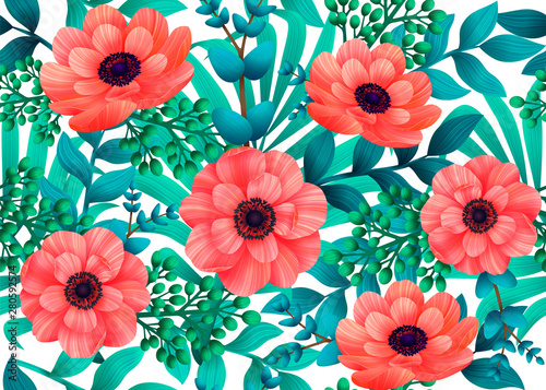 Luminous tropical seamless pattern with 3d style flowers and leaves on white ...