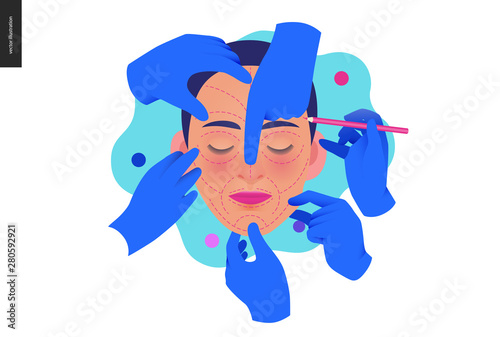 Medical insurance -cosmetic, plastic, aesthetic surgery -modern flat vector concept digital illustration -surgical cosmetic procedure metahor -female face, dotted lines, hands wearing surgical gloves photo