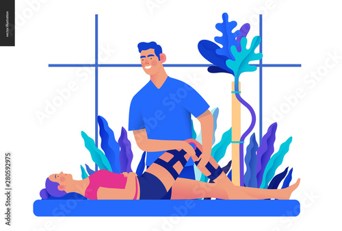 Medical insurance - orthopedic and traumathology -modern flat vector concept digital illustration - an orthopaedist attaching the orthosis to a lying female patient, medical office or laboratory