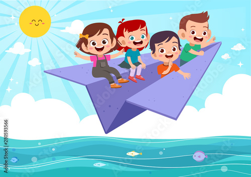 kids ride paper plane vector illustration