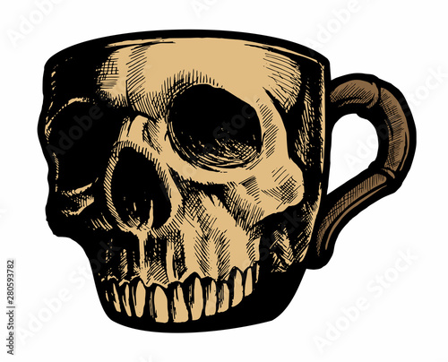 Cup of coffee with the human skull drawing, vector image.