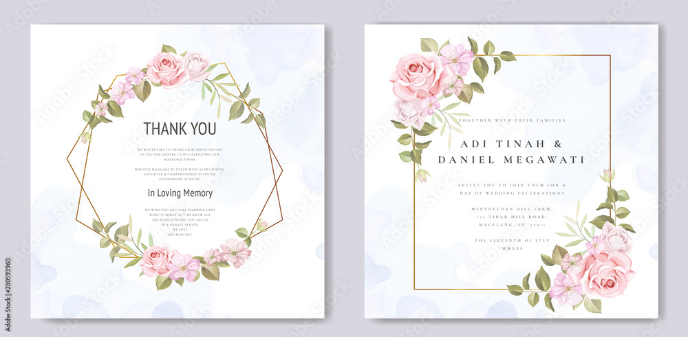 beautiful wedding and invitation card with floral and leaves frame