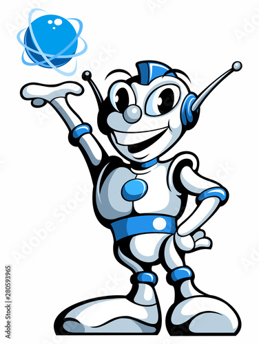 Cartoon style robot, android with the energy ball in his hand, vector cartoon character.