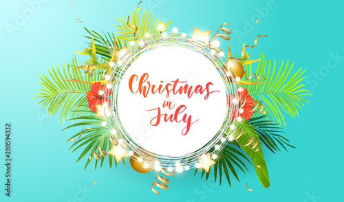 Christmas on the summer beach design with green palm leaves, tropical flowers, xmas balls, decorative light bulbs and gold glowing stars, vector illustration.