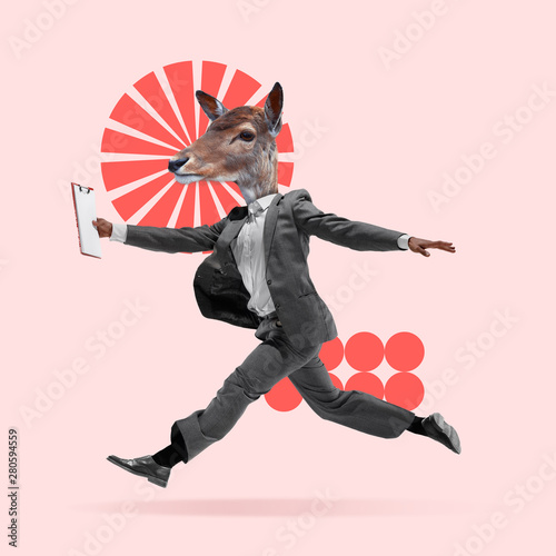 Time to work. Man in suit headed by deer's head dancing on coral background. Negative space to insert your text. Modern design. Contemporary art. Creative conceptual and colorful collage.