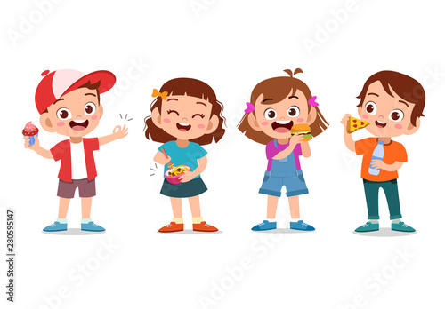 Collection of cartoon little boy eating fast food