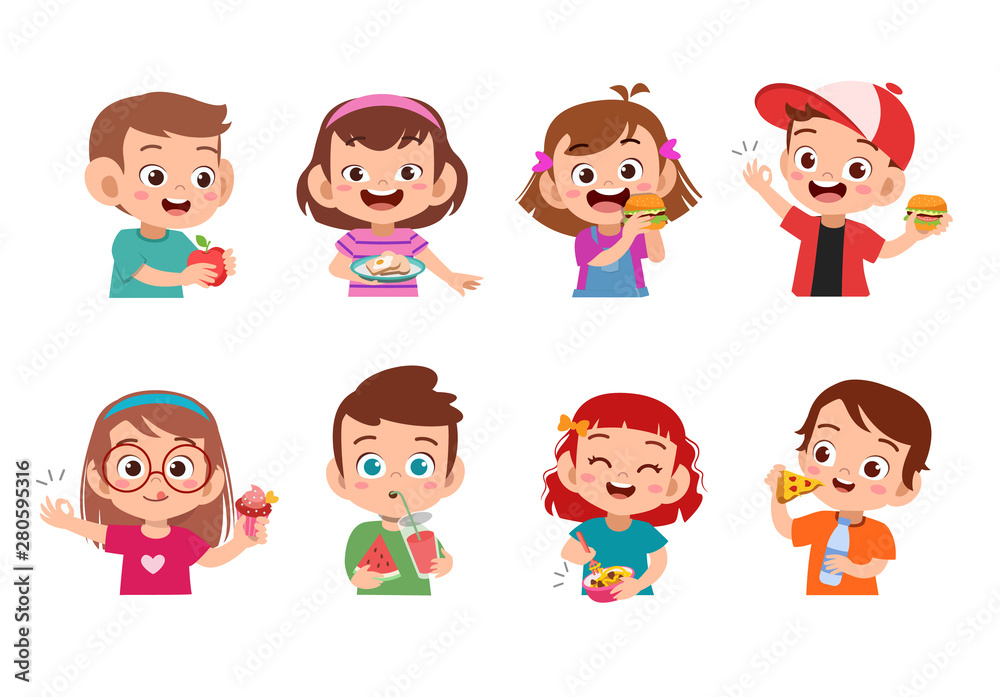 Collection of cartoon little boy eating fast food Collection of cartoon little boy eating fast food