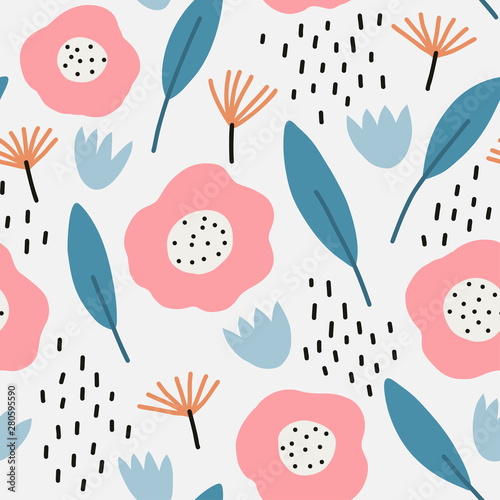 Seamless pattern with modern floral and abstract elements in fresh pastel col...