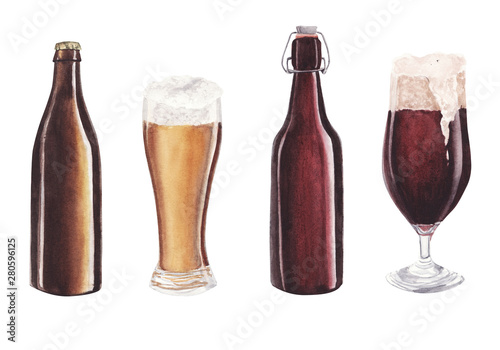Hand painted watercolor glass of beer and bottle set isolated on white background