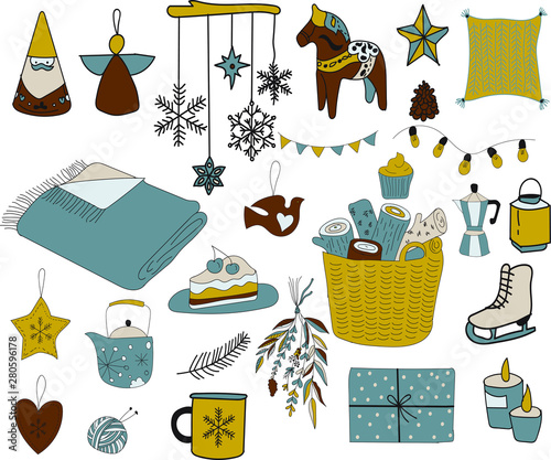Vector New Year set. Hugge style. Comfort homely atmosphere. Winter set.