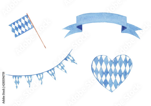 Hand drawn Watercolor traditional Oktoberfest flags and banners set isolated on white background