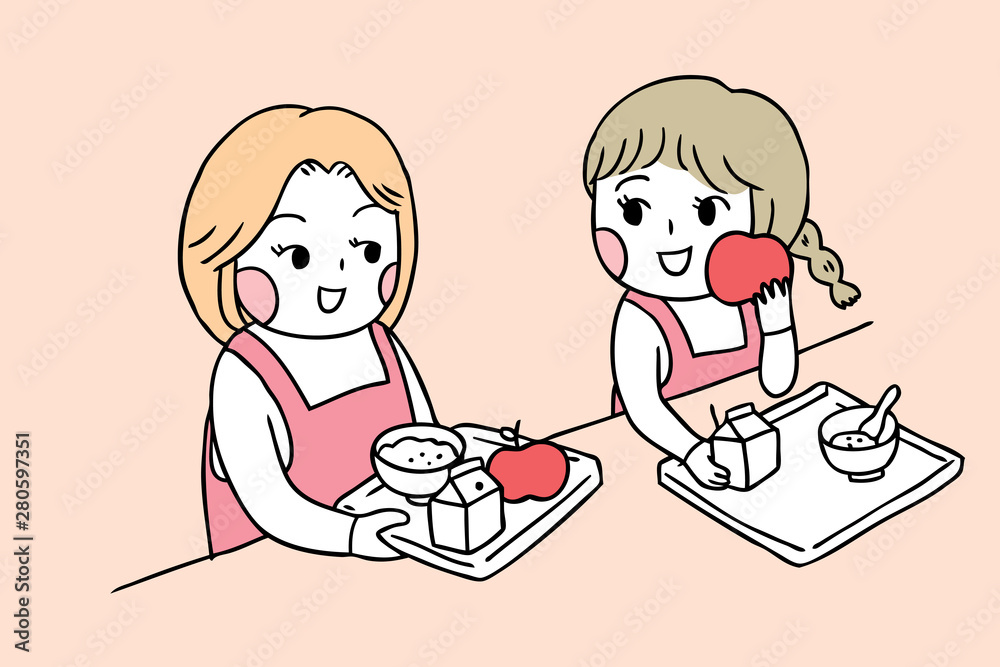 Cartoon cute back to school girls in canteen vector. Cartoon cute back to school girls in canteen vector.