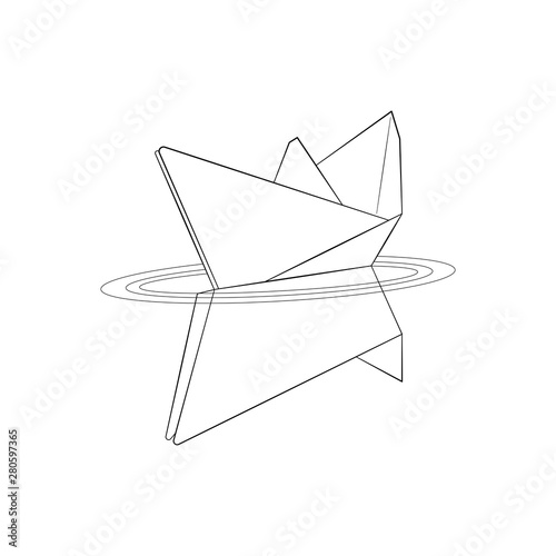 Origami paper boat on water line art. On white background. 
