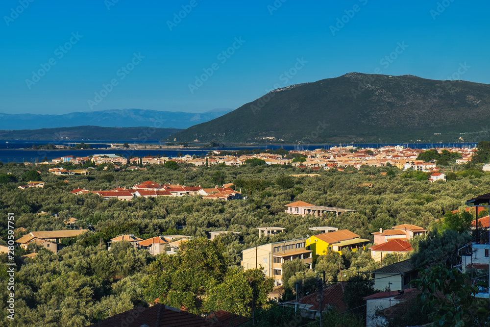 Aerial panoramic view of Lefkada town in Lefkada island, Greece