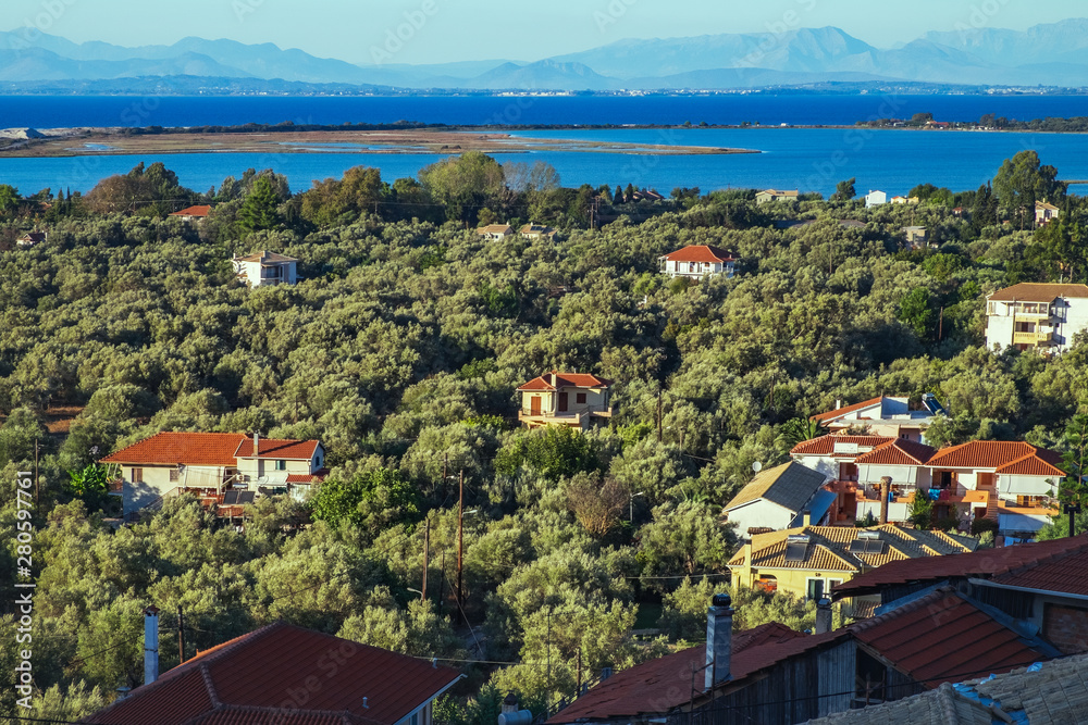Aerial panoramic view of Lefkada town in Lefkada island, Greece