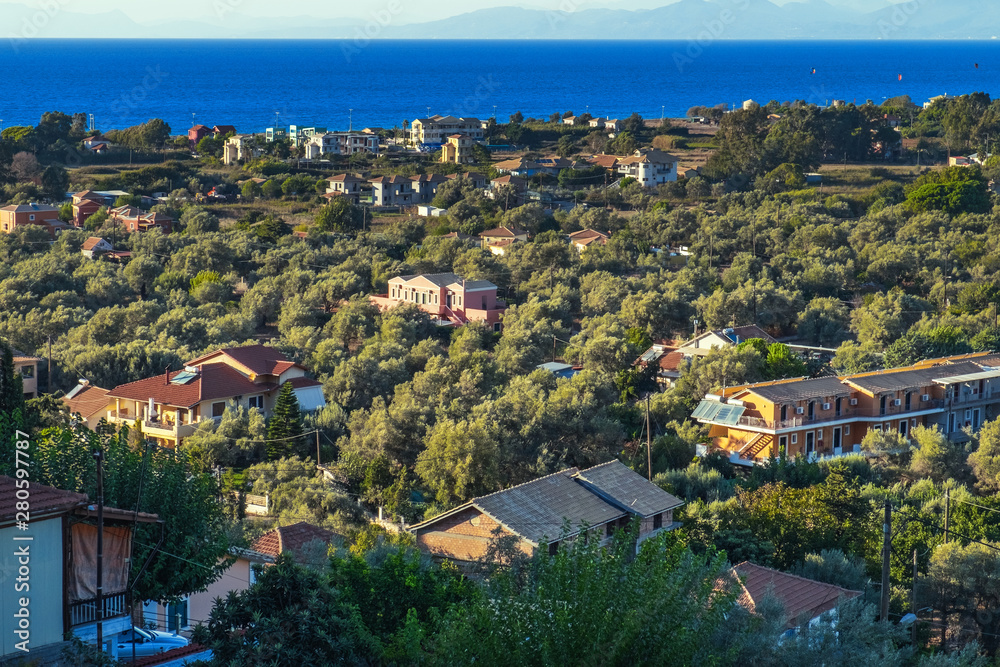 Fototapeta premium Aerial panoramic view of Lefkada town in Lefkada island, Greece
