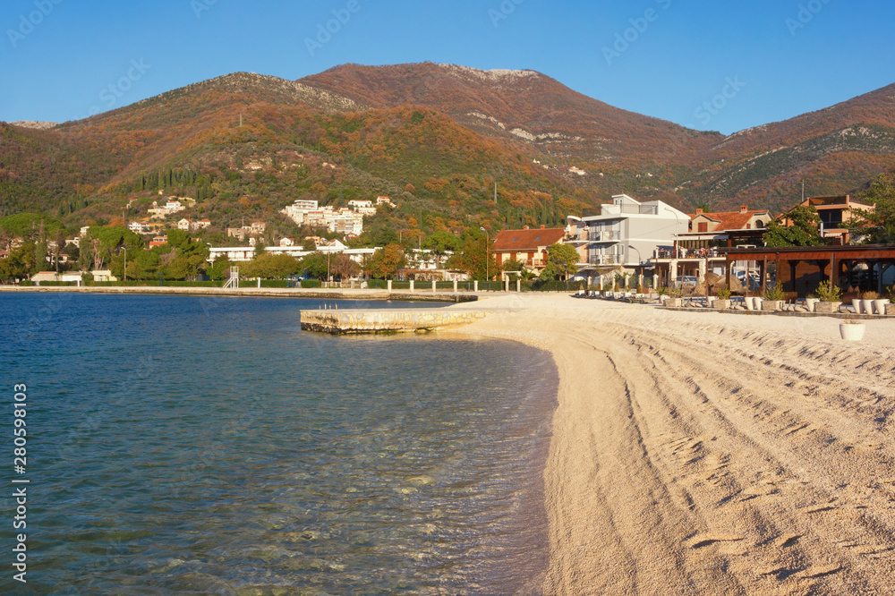 Beautiful winter Mediterranean landscape. Montenegro, Adriatic Sea, view of Bay of Kotor near Tivat city