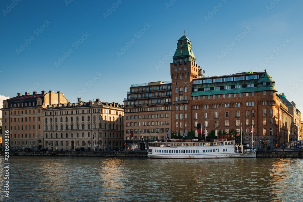 Buildings and ships along Nybrokajen embankment, Ostermalm district in central Stockholm, Sweden