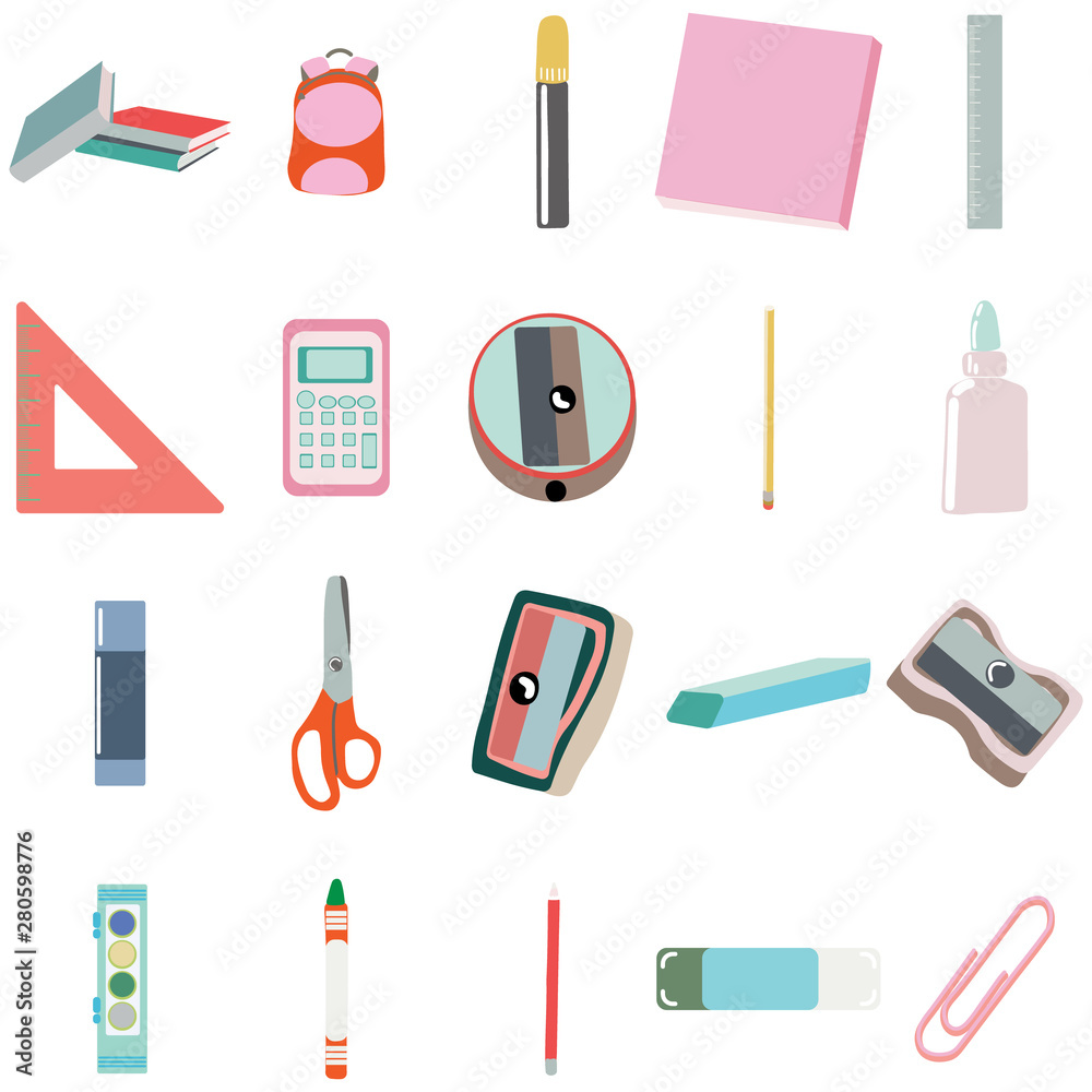 Education supplies pastel color icons. Paints, crayons, pencils on white background.