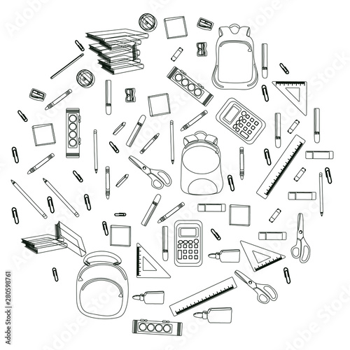 Outline icons of backpack  paints  crayons  pencils and school supplies in round shape on white background.