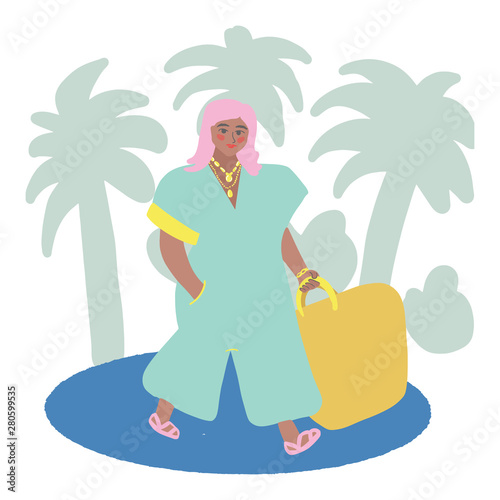Fashion girl on holidays. Palm tree background. Big yellow trendy bag.