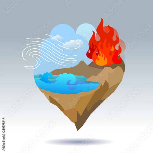 Conceptualised illustration of four elements, earth wind water and fire. balancing on one whole island