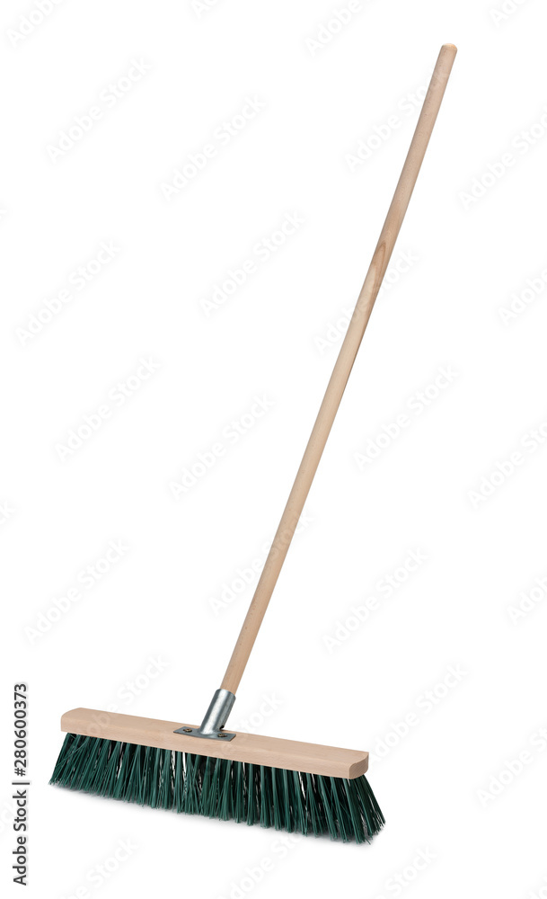 Broom with long wooden handle isolated on white background. Cleaning equipment for housework Broom with long wooden handle isolated on white background. Cleaning equipment for housework