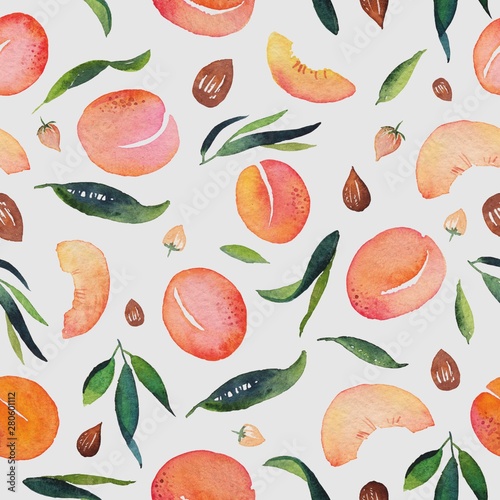 Fototapeta Naklejka Na Ścianę i Meble -  Watercolor peach pattern with leaves and different pieces on grey