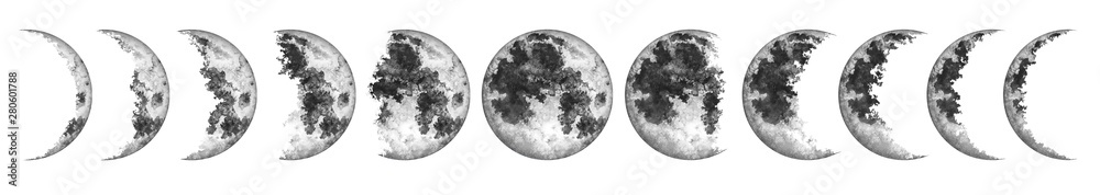 Fototapeta premium Moon phases isolated on white background. Watercolor hand drawn illustration.