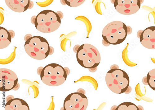 Seamless pattern of  cute face monkeys cartoon with banana on white background - Vector illustration