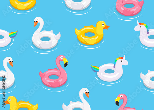 Seamless pattern of colorful animals floats cute kids toys on blue background  - Vector illustration.