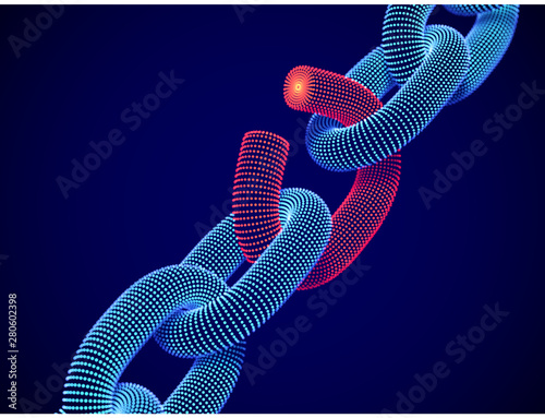 Broken chain link. The concept of data protection technology: a weak link in the system of digital data transfer. Hacker attack on the network. Digital background. EPS 10, vector illustration.