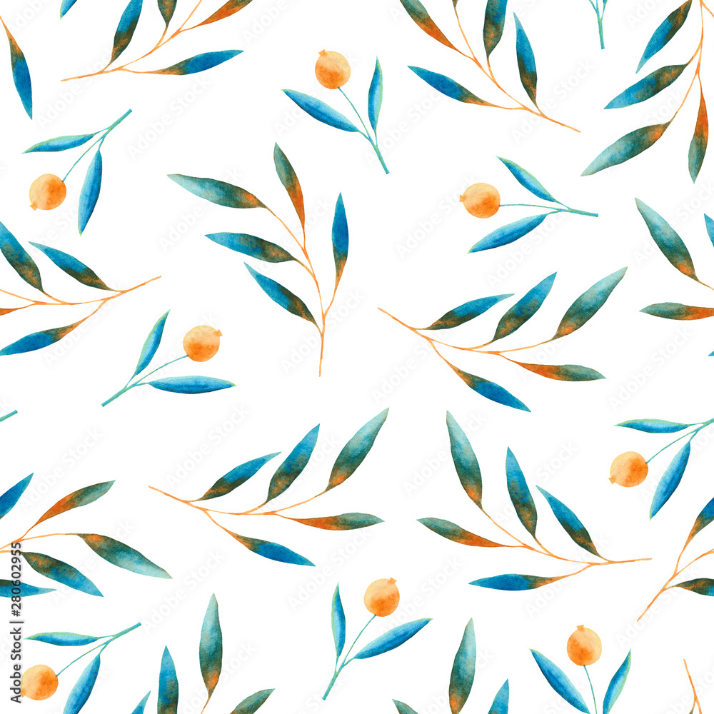  Autumn watercolor pattern with blue and orange leaves, mushrooms, berries. Frames and patterns with blue leaves, mushrooms, berries. Ideal for cards and invitations.