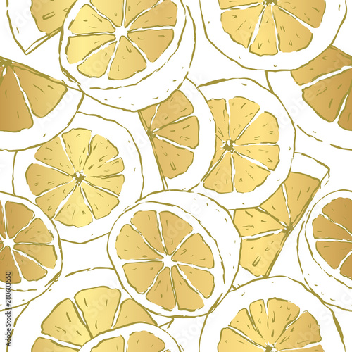 Vector golden metallic lemon seamless pattern. Elegant fruit, fresh food repeat pattern great for fabric, luxury, bright background.