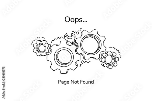 Page not found template for website. Non-working gears. Broken mechanism with a wrench vector illustration. Jammed mechanism