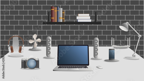 Workplace concept, cozy room for freelance job or education. Vector illustration