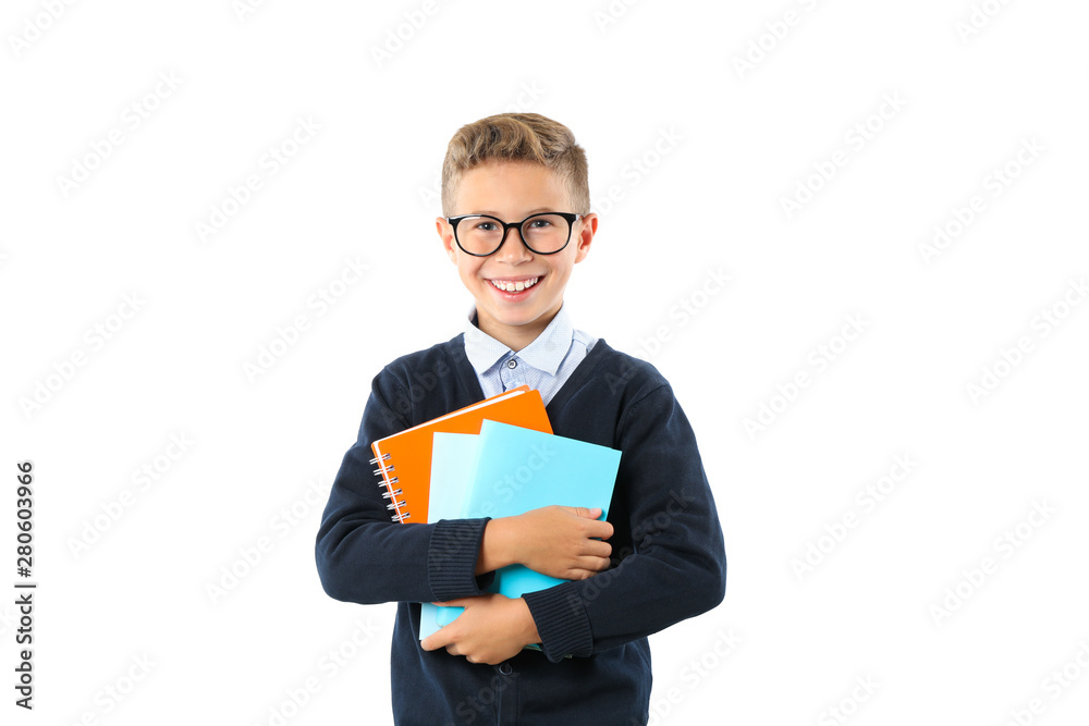 Boy with glasses and copybooks isolated on white background Boy with glasses and copybooks isolated on white background