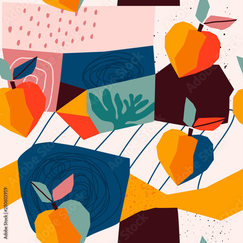 Hand drawn peaches and various shapes, spots, dots and lines. Different colors. Abstract contemporary seamless pattern. Modern patchwork illustration in vector