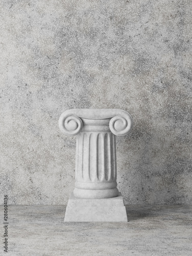 Antique column on the background of a concrete wall. Grunge interior. 3D rendering. Antique column on the background of a concrete wall. Grunge interior. 3D rendering.