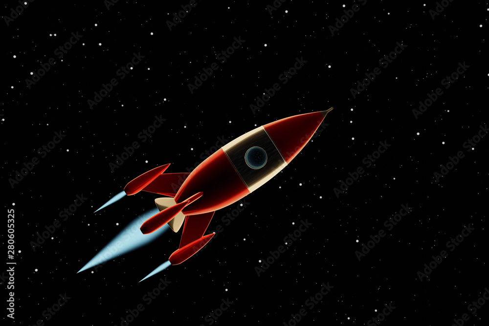 Toy space rocket red and white colors flies on a background of the starry sky. Sci-fi illustration. 3d rendering. Toy space rocket red and white colors flies on a background of the starry sky. Sci-fi illustration. 3d rendering.