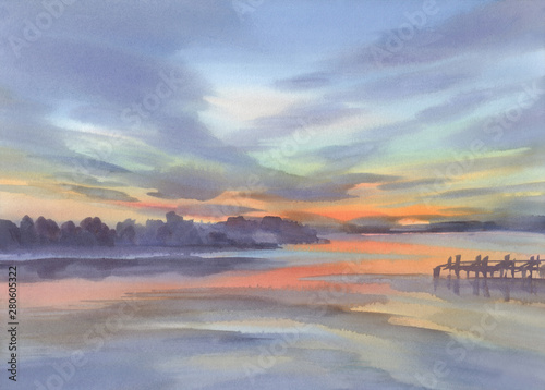 Bild auf Leinwand A lake in the evening light watercolor background