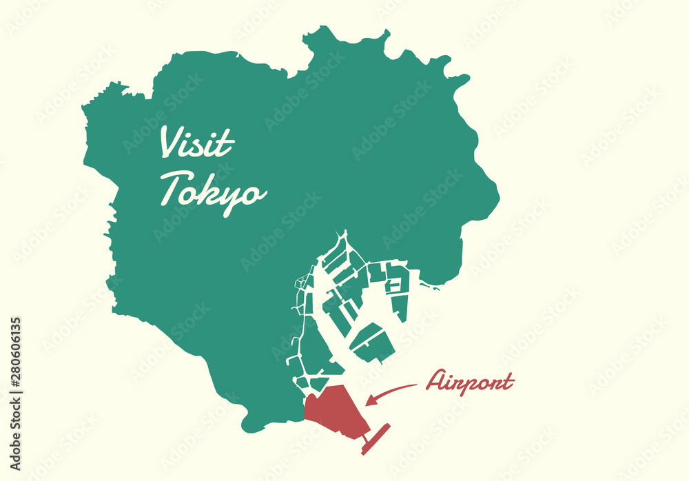 Map of Tokyo City 23 Ward with Airport Location. Concept for Travel to Japan